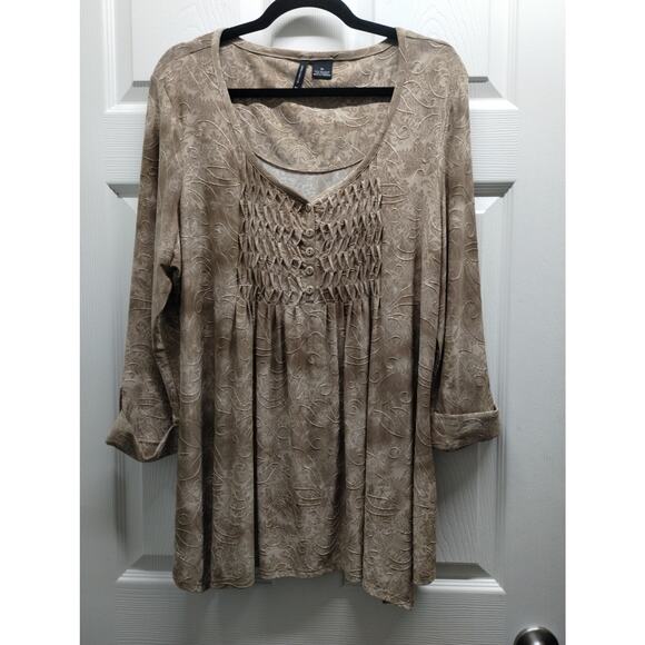 new directions Tops - New Directions Women's Size XL Brown Embroidered Popover Roll Tab Sleeves Top